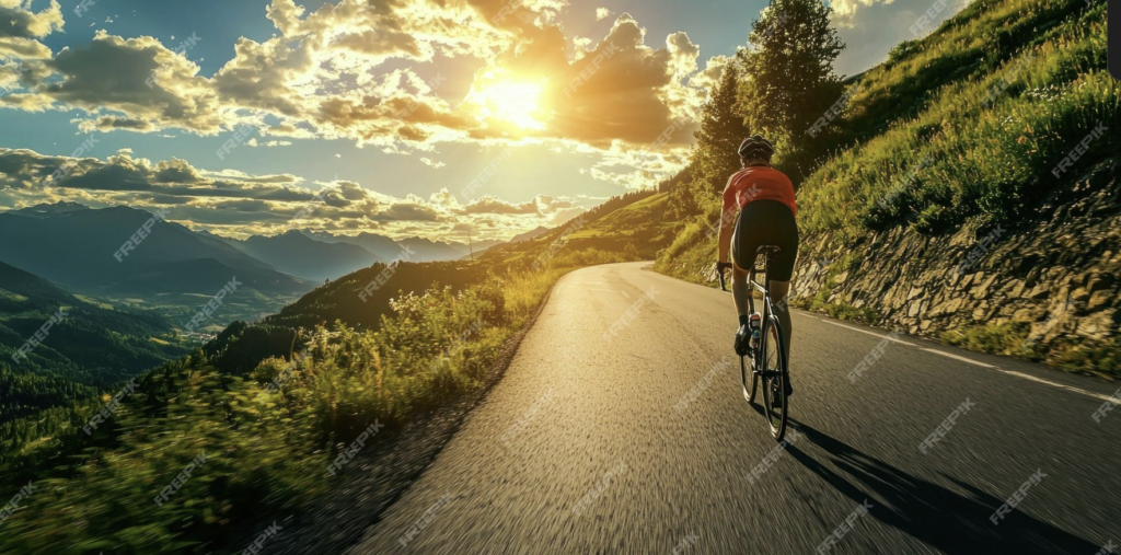 Una vista panorámica que muestre un ciclista pedaleando por una carretera serpenteante en Canarias, con un paisaje espectacular al fondo.